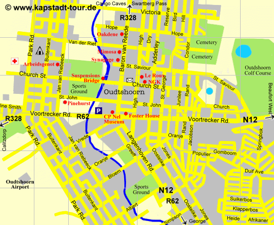 Stadtplan der Innenstadt von Oudtshoorn - Karte  by www.kapstadt-tour.de